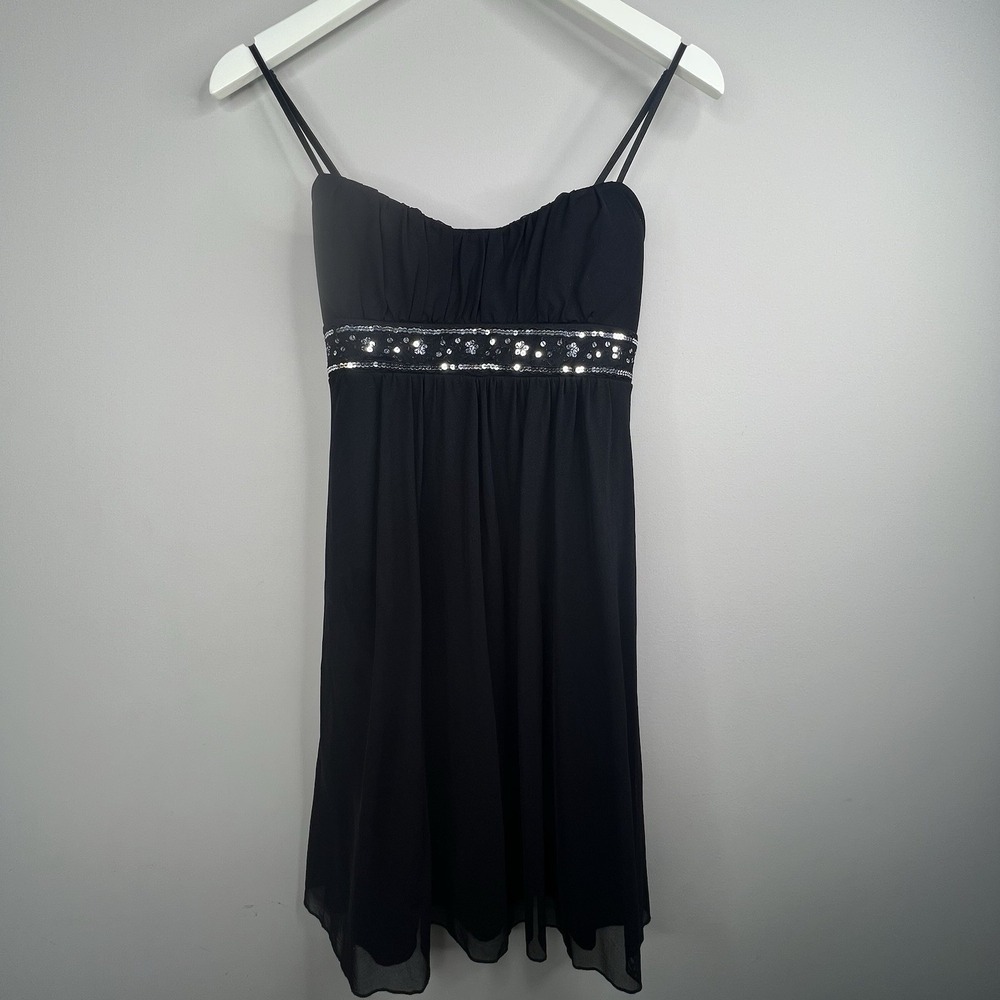 Ruby Rox Y2K Babydoll Mesh Dress Womens L‎ Black Glam Sequins Whimsigoth HOCO